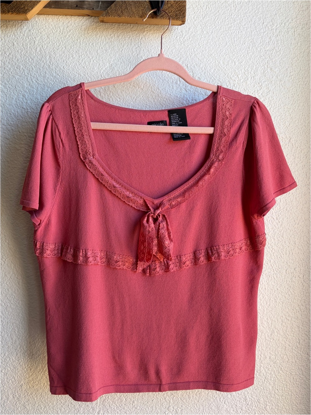 Y2K Pink Lace Tie Cap Sleeve Empire Waist Blouse XL